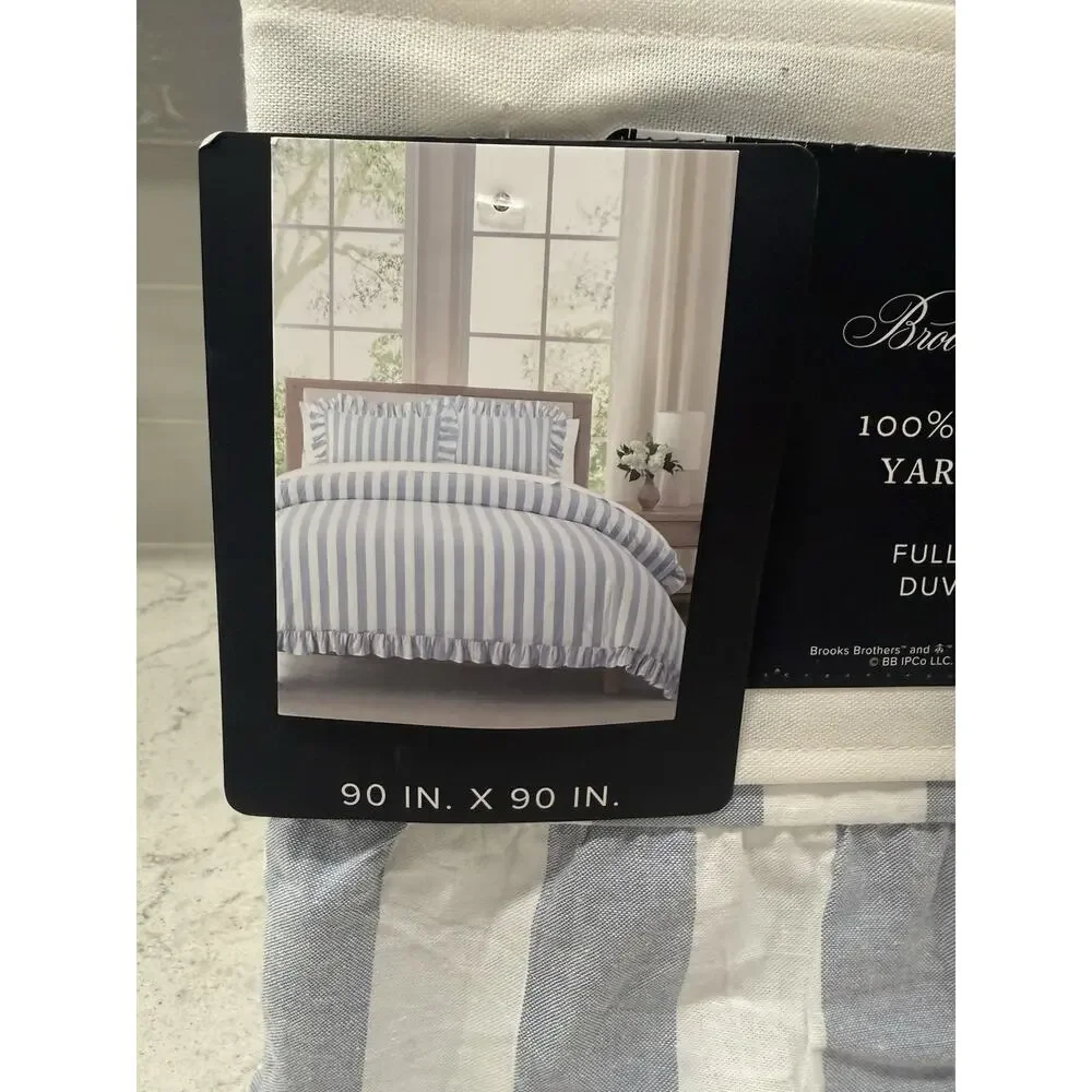 New Brooks Brothers Cotton Queen Full Duvet Set (3 Pc) Blue Striped Ruffle Cute